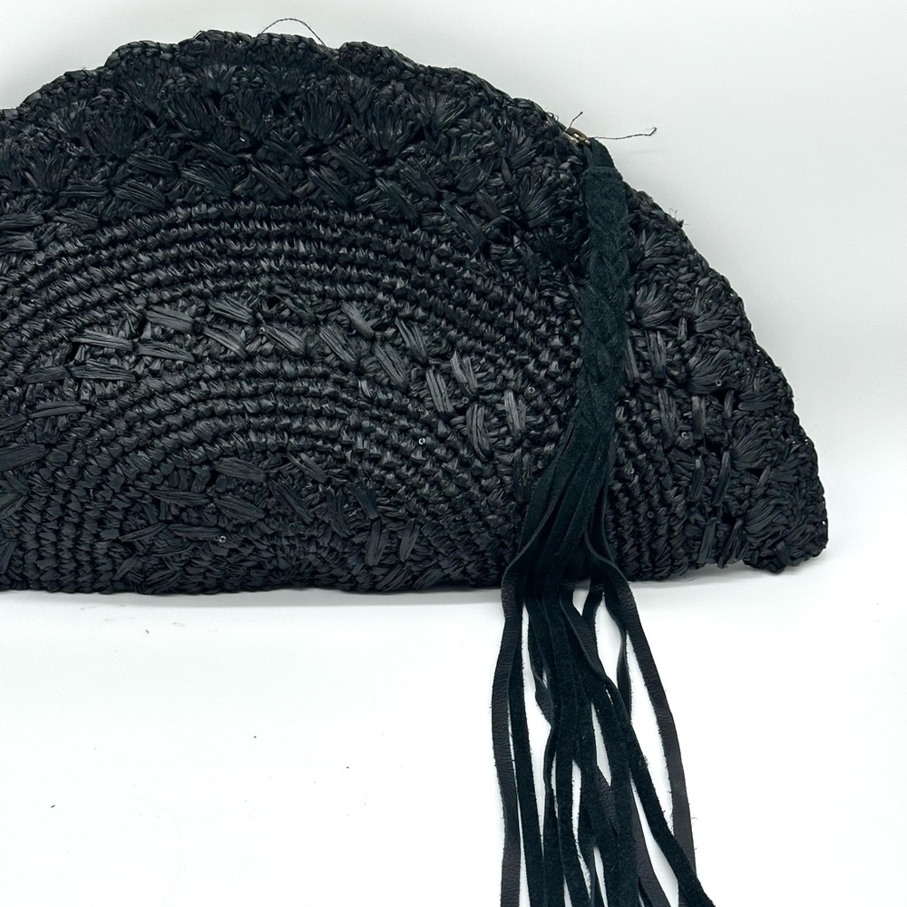 Flora Bella Rafia Sequin Black Fan Clutch Leather Tassel - Picture 3 of 7